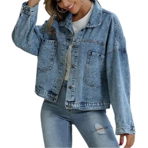 Women's Long Sleeve Oversized Denim Jacket Casual Loose Fit Jean Large, Blue - Picture 1 of 7