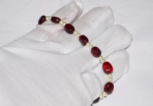 Pearl Ruby Gemstone 925 Sterling Silver 10" String Bracelet Smooth Oval Beads - Picture 1 of 10