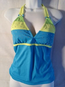 JUSTICE Size 14 1/2 Halter Tie Swim Top blue/green with faux diamonds - Picture 1 of 5