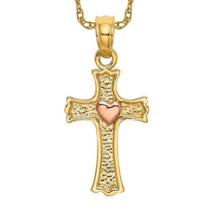 14K Solid Two Tone Gold Heart Cross Necklace - Picture 1 of 12