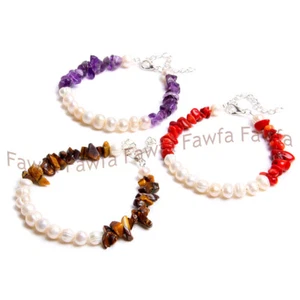 Fashion 8-9mm White Akoya Pearl And Multiple Gravel Gems Beads Bracelet 7.5'' - Picture 1 of 10