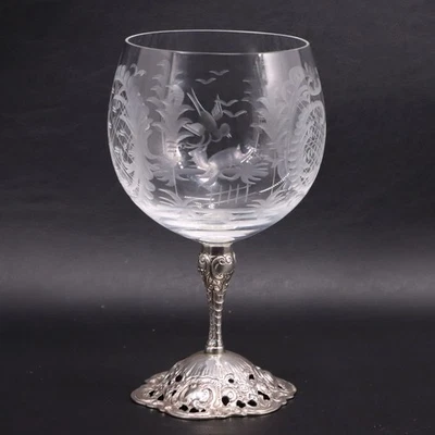 JD Schleissner Sohne 德国 800 银 Stemmed Stag 蚀刻葡萄酒杯 1900 — 第 1/4 张图片