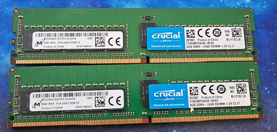 Micron 16GB (2x8GB) 8gb 1Rx4 PC4-2400T-RCB-10 ECC REG RDIMM Server Memory - Image 1 of 1