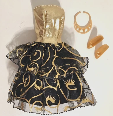 Conjunto para Repro o MTM Muñeca Barbie Moda Negro y Dorado Años 80 Baile de graduación Vestido y Zapatos Foto 1 de 3