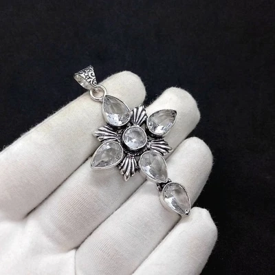 Colgante cruz hecho a mano de plata esterlina 925 corte rosa topacio blanco piedras preciosas joyería Foto 1 de 3