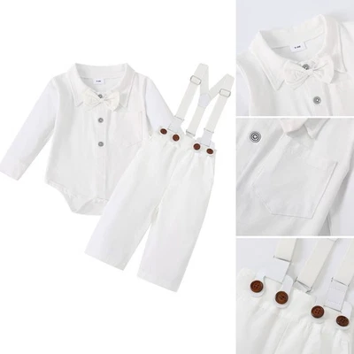 Baby Boy Christening Adjustable Suspender Overalls Suit Baptism Outfit Toddler - Image 1 of 4