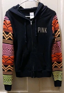 VS Pink Neon Sequin Full Zip Jacket Hoodie Woman Size XS 90s Style Geometric - Picture 1 of 11