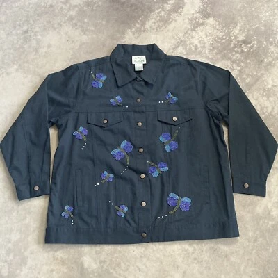 Quacker Factory Jacket Womens sz 1X Black Beaded Dragon Fly Button Pockets Denim - Image 1 of 4