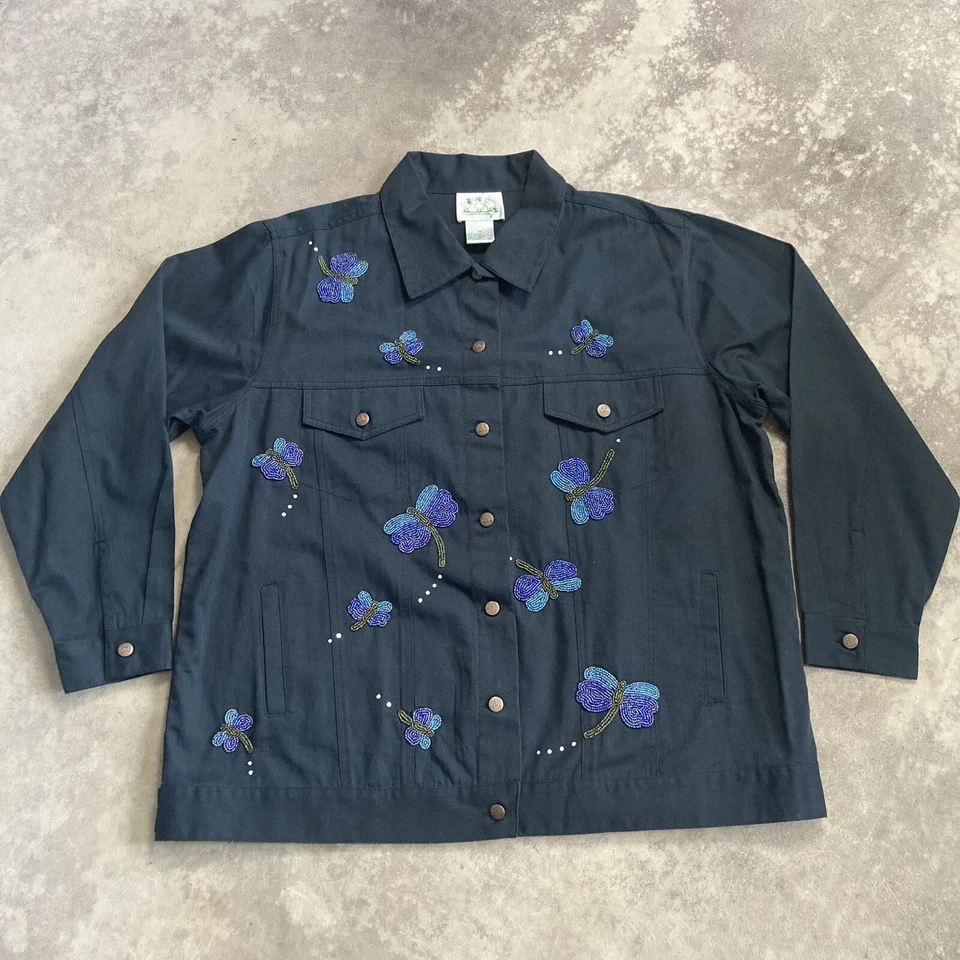 Quacker Factory Jacket Womens sz 1X Black Beaded Dragon Fly Button Pockets Denim - Image 1 of 4