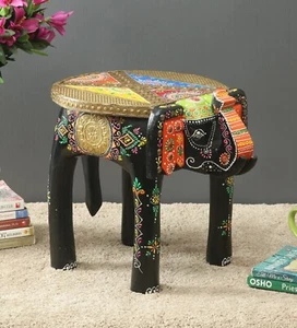 Indian Hand Painted Colorful Elephant Shape Stool Wooden Stool Room Side Stool - Picture 1 of 8