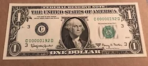 VERY LOW SERIAL 0000192 $1 BILL 1963 NICE UNC RARE - Picture 1 of 2