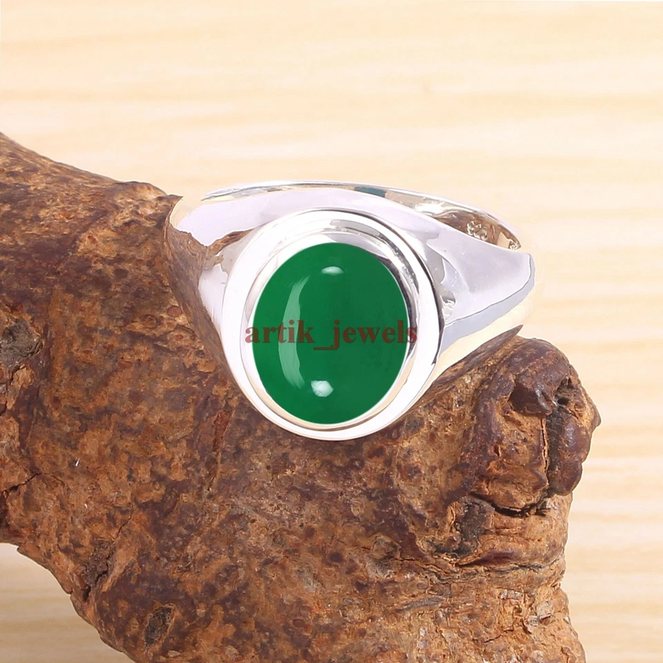 Anello In Argento Sterling 925 Con Gemma Di Onice Verde Naturale Per Uomo #5886 - Immagine 1 di 4