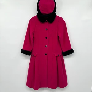 Vintage Sarah Louise England Girls Age 8 Coat Hat Set Wool Cashmere Pink Black - Picture 1 of 17