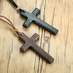 Brown Wood Cross Crucifix Leather Cord Pendant Men Women Necklace Sweater