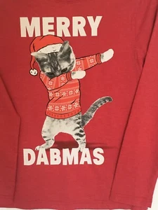 New Boys Christmas Dabbing Cat Red Graphic Tee Long Sleeve Tee Medium (10/12) - Picture 1 of 8