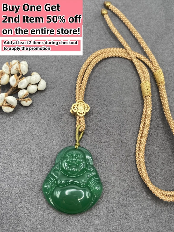 Green Jade Buddha Charm Pendant Necklace W/ Yellow Cord Handmade Carved Gemstone - Imagem 1 de 1