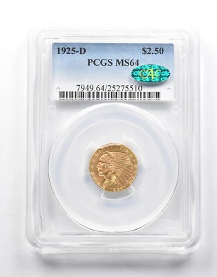 MS64 1925-D $2.50 Indian Head Gold Quarter Eagle CAC PCGS *0269 - Image 1 of 3