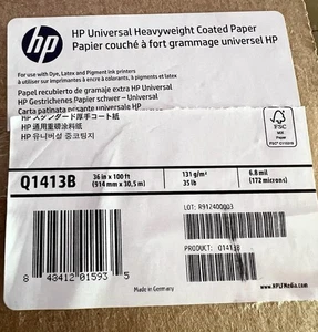 HP Q1413B 36 in. x 100 ft. DesignJet Large Format Paper - Coated WT (1-Roll) New - Afbeelding 1 van 3