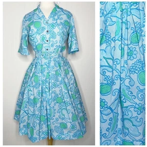 Vintage 50er/60er Jahre hellblau grün Blumenmuster A-Linie Tage Shirt Kleid XS/S - Bild 1 von 5