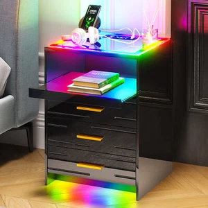 High Gloss Night Stand with Wireless Charging Station & RGB Dynamic Lighting - Picture 1 of 15