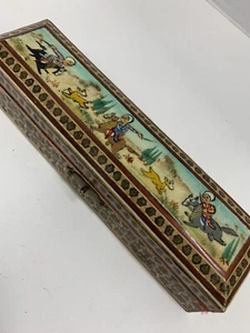 Schmuckschatulle Holz Intarsien Mosaik handbemalt Jagdszene antik 8x1,75x2" - Bild 1 von 12