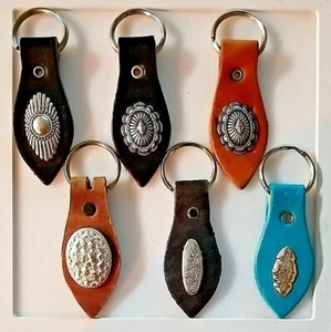 Concho KEYCHAIN Handmade LEATHER Key RING FOB Black, Natural, Brown, Turquoise - Picture 1 of 14