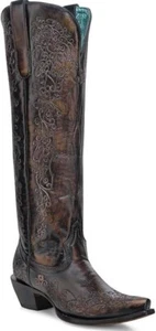 BOTA VAQUERA CORRAL SEÑORA NEGRA FLORAL BORDADA CUERO DE VACA ALTA A4789 - Imagen 1 de 2