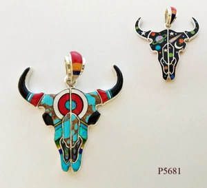 REVERSIBLE GENUINE TURQUOISE CELESTIAL OPAL INLAY .925 SILVER BUFFALO PENDANT - Picture 1 of 4