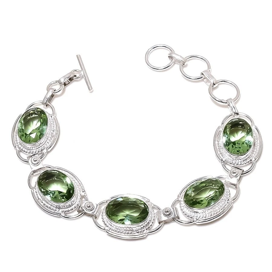 Brazalete de joyería de plata de ley 925 hecho a mano con piedras preciosas de amatista verde tamaño 7-8" Foto 1 de 1