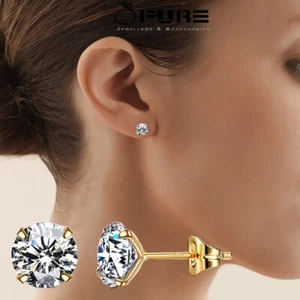 18K Gold Plated on Genuine 925 Solid Sterling Silver Stud Earrings For Women - Picture 1 of 6