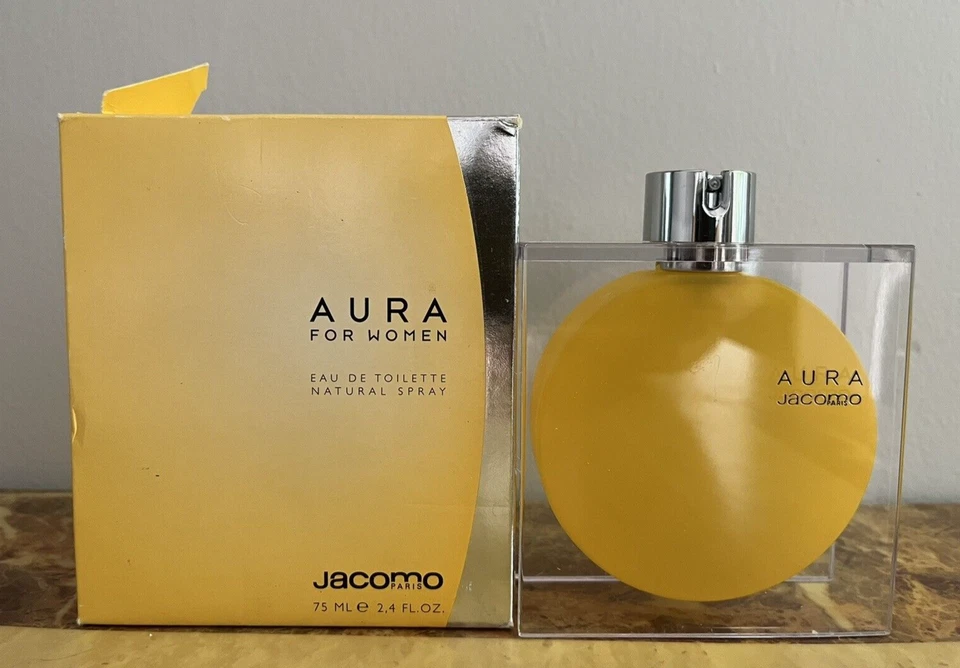 复古 - Aura For Women by Jacomo 2.4 / 2.5 盎司 / 75 毫升淡香水喷雾 - 盒装上衣 Dmg'd — 第 1/4 张图片