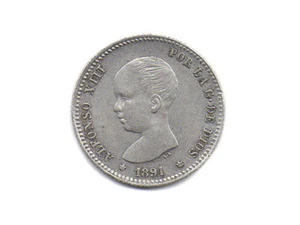 Moneda 1 pta, Alfonso XIII, 1891 - Picture 1 of 2