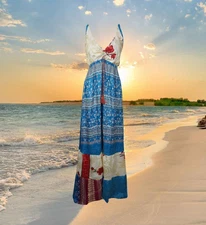 Womens Summer Maxi Dress, Halter Dresses, White Blue Summer Boho Beach Maxi S/M
