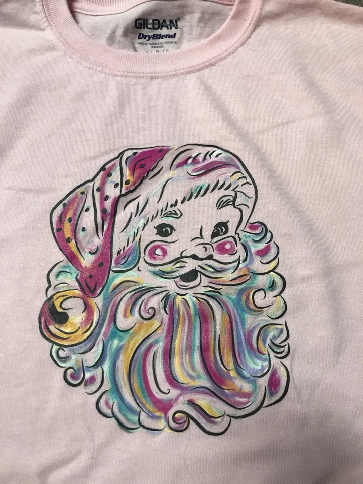 Camiseta para niños talla grande rosa marca Gildan acuarela cara de Santa nueva con etiquetas Foto 1 de 1
