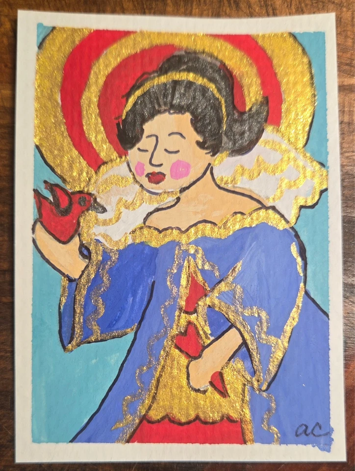 PINTURA ORIGINAL ACEO ÁNGEL GOUACHE ARTE CAPRICHOSO LINDO COLORIDO BRILLO MINI Foto 1 de 1