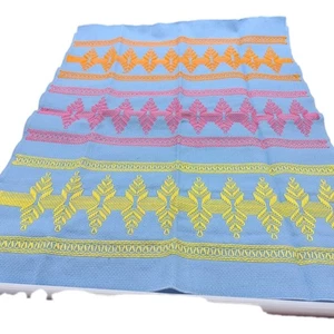 Vintage Blue Embroidered Textile-Pink Yellow Orange Folk Stitch Cottagecore  - Picture 1 of 7