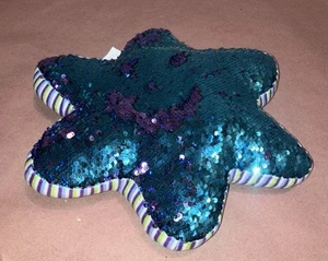 Star Shaped Pillow Sequined Purple Reverse To Aqua With Striped Sides 14.5" - Picture 1 of 7