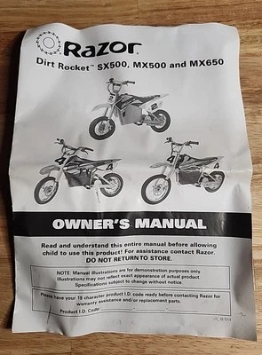 Guía manual de reparación y mantenimiento del propietario Razor DIRT ROCKET SX500 MX500 MX600 Foto 1 de 3