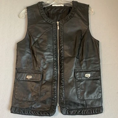 Peter Nygard Leather Vest Womens M Black Biker Moto Rocker Mob Wife Edgy Sexy - Image 1 of 4