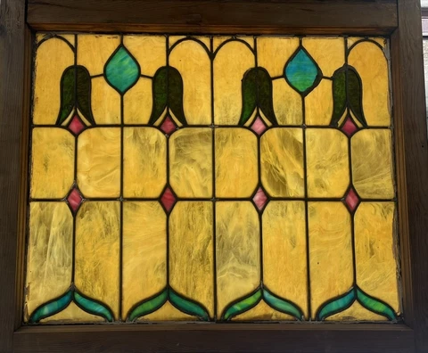 Antique Craftsman c1915 Piano Window Tulip Lotus Flower Opalescent Kokomo Glass Cover