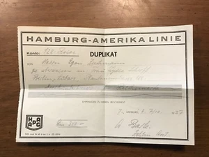 1937 Passenger Receipt - Hamburg-American Line - Picture 1 of 1