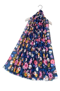 Women Floral Leaf Skull Print Frayed Scarf Halloween Season Festive Stole 7671 - Picture 1 of 2