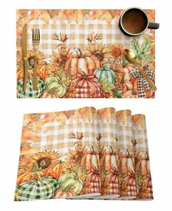 Fall Placemats Set of 6 Thanksgiving Table Mats 13x19 Inch Pumpkin Bufflo Che... - Picture 1 of 6