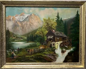 Vintage oil painting on canvas by Anna, Farm Landscape, Framed - Picture 1 of 12