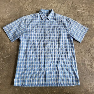 Vintage Y2K Point Zero Gingham Shirt Size M Blue Textured Button Up Summer Beach - Picture 1 of 9