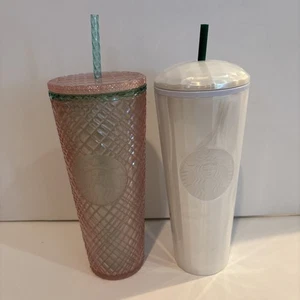 Lot 2 Starbucks Tumblers 24 oz Jeweled Pink Green & Pearl White Great Condition - Picture 1 of 7