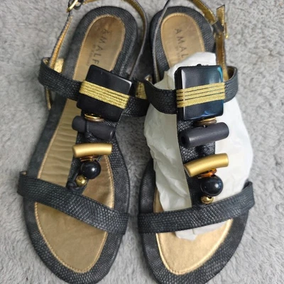 Amalfi by Rangoni Italian Leather Sandals Black Gold Beaded Size 9.5M NEW in BOX - Image 1 of 4