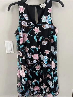 Vestido BEIGE ECI Talla M Red Transparente Floral con Bordado Vestido Sin Mangas Rosa Teal Foto 1 de 4