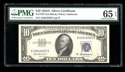 DBR 1953-A $10 Silver Fr. 1707 Gem PMG 65 EPQ Serial A10518325A - Image 1 of 2