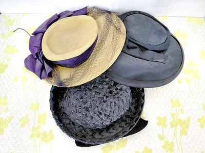 Lot of 3 Vintage Antique Hats Netting Veils Millinery Straw Victorian 40s 60s - Image 1 of 4
